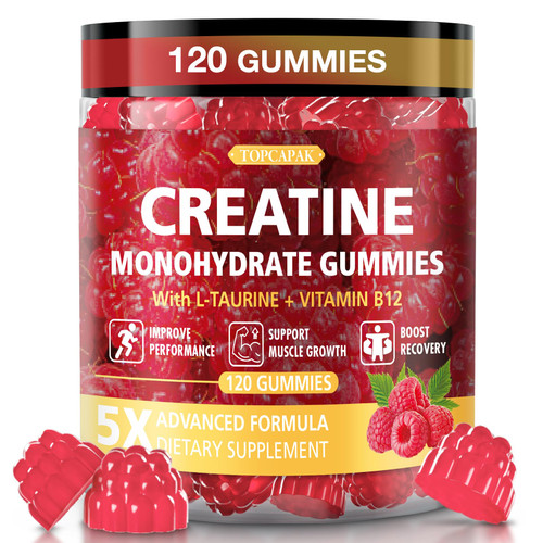 TOPCAPAK Creatine Gummies for Men & Women, Raspberry Flavor, 120 Gummies