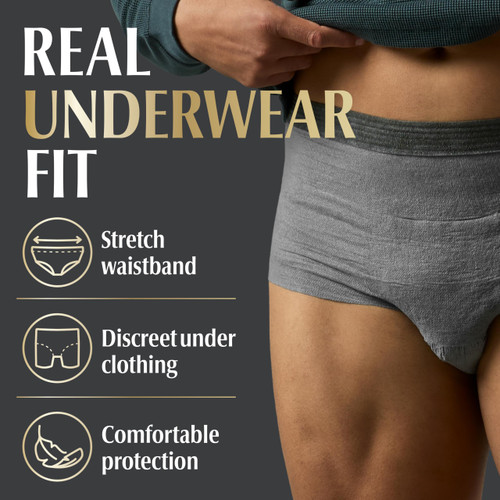 Depend Real Fit Adult Diapers, Incontinence Underwear for Men, Disposable, Maximum Absorbency, Large/Extra Large, Black, 52 Count (2 packs of 26), Packaging May Vary