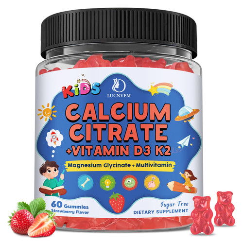 Kids Calcium Citrate Gummies with Vitamin D3 Supplement, Calcium Citrate 300/600 mg with Magnesium Zinc & Multivitamin for Kids 4+ & Teens, Support Bone Muscle & Digestive Health, Sugar Free, 60ct