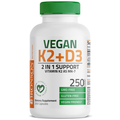 Bronson Vitamin K2+D3 Vegan 2 in 1 Support Vitamin K2 As MK-7, 250 Capsules