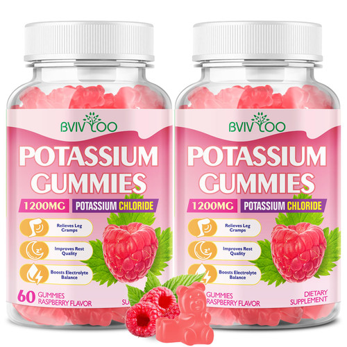 Potassium Gummies for Adults with 1200mg Potassium Chloride - Supports Muscle Health & Leg Cramps, Raspberry Flavor, 120 Count