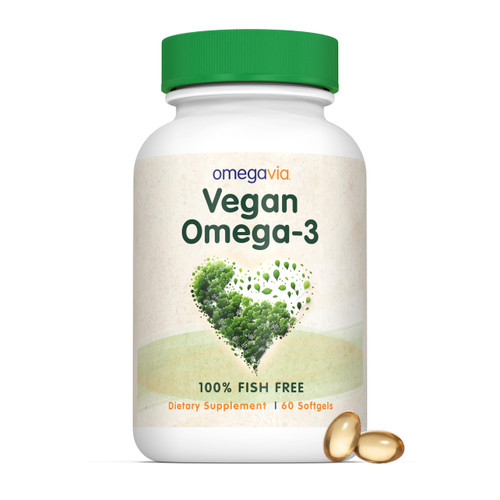 OmegaVia Vegan Omega 3 Supplement, Algae Oil, 300mg Vegan DHA (60 Softgels)