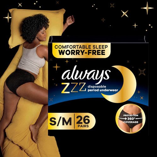 Always ZZZs Disposable Period Underwear, Size S/M, Absorbs 5X More Than an Ultra Thin Overnight Pad, Comfortable Sleep Worry-Free Nights 26 Count