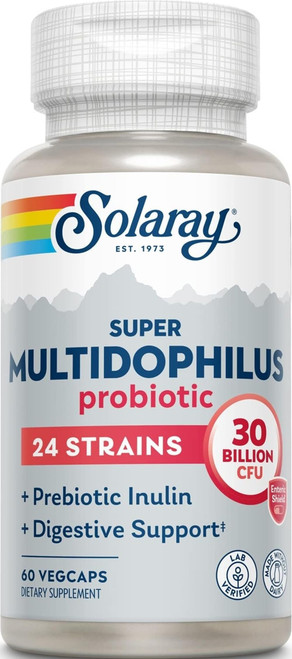 SOLARAY Multidophilus 24 Strain Probiotic 30 Billion CFU, Probiotics for Digestive Health for Women and Men, Daily Gut Health Support Complex with Prebiotic Inulin, No Dairy 60 VegCaps