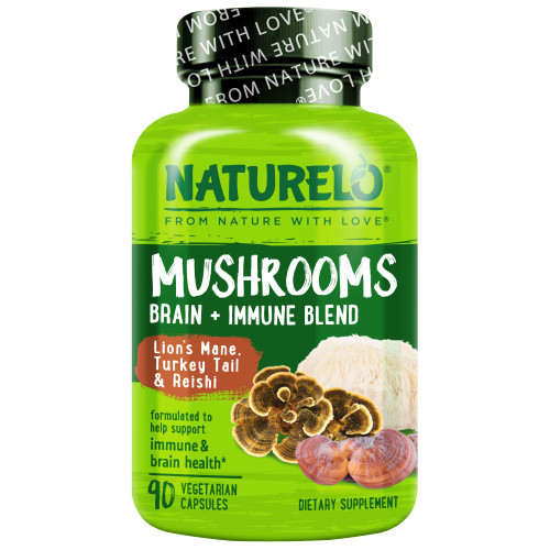 NATURELO Mushroom Supplement Capsules, Brain & Immune Support, 90 Count