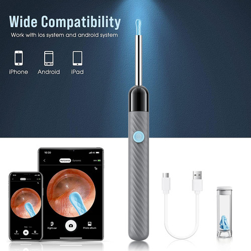 LEIPUT Ear Wax Removal - Earwax Remover Tool with 8 Pcs Ear Set - Ear Canal Cleaner with 1080P Camera - Ear Cleaning Kit with 6 Ear Spoon - Ear Camera for iOS & Android (Grey)