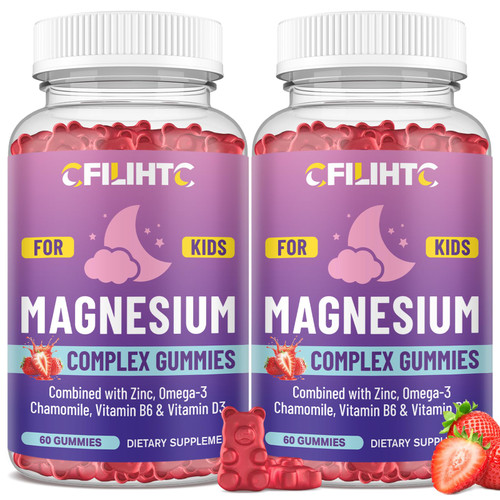 Kids Magnesium Gummies-Magnesium Glycinate Gummies for Kids Supplement-w/Zinc, Chamomile, Omega-3, Vitamin B6, D3 - for Sleep, Relaxation, Brain, Bones, Children's Calm, Sugar Free, 2 Pack Strawberry