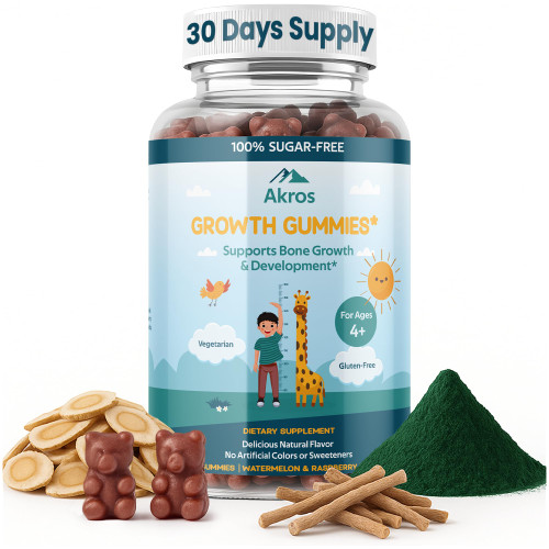 Akros Growth Gummies for Kids & Teens | Sugar-Free Calcium + Vitamin D3 & K2 Gummies - Height & Bone Support | Ashwagandha, Spirulina, L-Arginine | Non-GMO, Gluten-Free, 60 Raspberry-Watermelon Bears