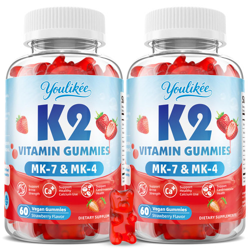Youlikee 2 Pack Sugar-Free Vitamin K2 Gummies, Dual Formula Vitamin K2 Supplement with MK-7 & MK-4, Supports Bone Health, Gluten-Free, Non-GMO, Sugar-Free, Strawberry Flavor, 120 Gummies