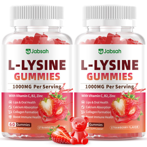 Jabsah L-Lysine Gummies 1000 mg for Kids and Adults, L-Lysine Supplements with Vitamin C, B2 for Lips & Oral Health, Immune Support & Collagen & Calcium- Vegan, Non GMO, Strawberry Flavor, 120 Count