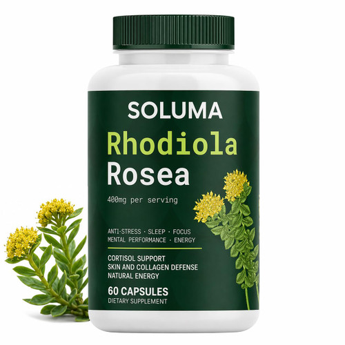Soluma Rhodiola Rosea - Natural Rhodiola Rosea Supplement, 400mg Rhodiola Rosea with Bioperine, for Stress Support, Relaxation, Non-GMO, 60 Capsules (1 Bottle)
