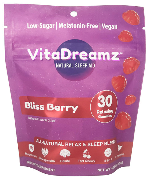 VitaDreamz Melatonin-Free Sleep Gummies | Magnesium, Ashwagandha, Tart Cherry & L-Theanine | Natural Calm & Restful Sleep Support | Vegan, 1g of Sugar - Bliss Berry | 30 Count