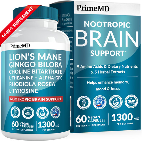 PrimeMD Lions Mane Nootropic with Ginkgo, Alpha GPC & L-Theanine, 60ct