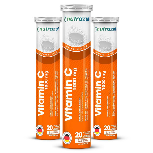 nutrazul Vitamin C 1000mg Effervescent Tablets, VIT C Supplement to Help Maintain Immune Function, Gluten-Free, Lactose-Free, Sugar-Free, Preservative-Free, Orange Flavor, 20 Count, Pack of 3