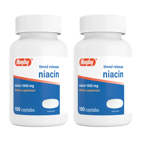 Rugby Timed-Release Niacin 1000mg Captabs for Adults, 100 Count (2-Pack)