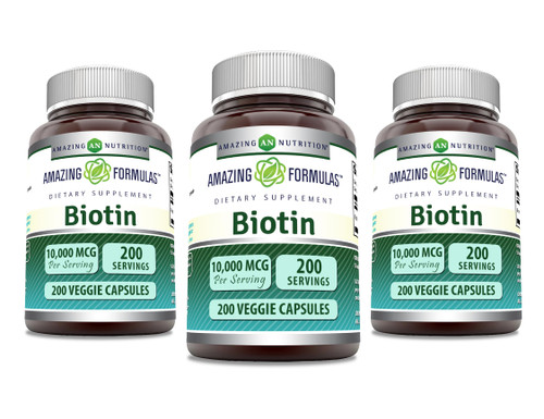 Amazing Formulas Biotin 10000 mcg Veggie Capsules | Vitamin B7 Supplement | Non-GMO | Gluten Free | Made in USA (200 Count | 3 Pack)