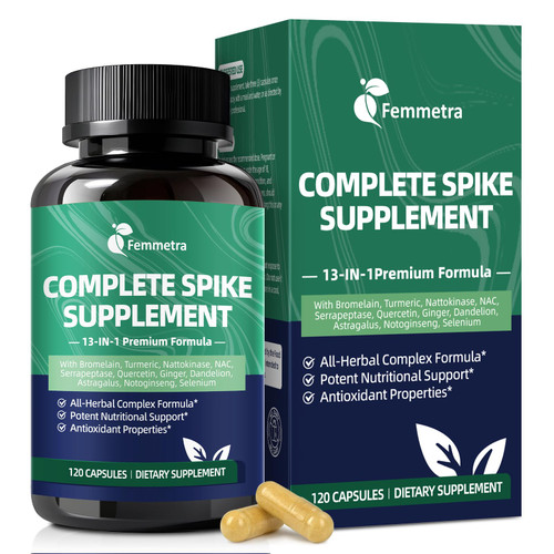 Femmetra Spike Protein Detox Capsules, Nattokinase Supplement 8000FU, Quercetin with Bromelain & Curcumin etc. 13-in-1 Protein Capsules Wellness Formula for Immune Health, Vegan, Non-GMO, 120 Capsules