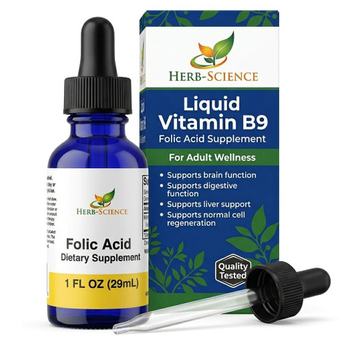 Herb-Science Liquid Vitamin B9 Folic Acid Drops, Alcohol-Free, 1 Oz