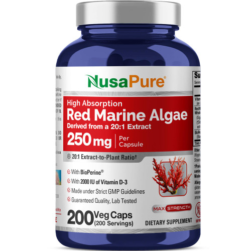 NusaPure Red Marine Algae Capsules, 250 mg, 200 Veg Capsules (Soy Free, Non-GMO)