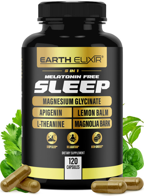 Earth Elixir 5-in-1 Melatonin Free Sleep Aid – Magnesium Glycinate, Apigenin Supplement for Sleep, L-Theanine, Lemon Balm Capsules, Magnolia Bark Extract Capsules – Sleep Supplement Without Melatonin
