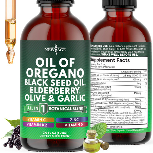 NEW AGE Oil of Oregano Drops - Black Seed Oil, Elderberry, Vitamin D, D3, K2, Olive, Garlic - Immune Support Supplement Wellness Formula, Zinc Supplements Liquid - 2Fl Oz
