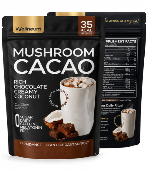 Mushroom Cacao Organic Powder Sugar Free - 1250mg Multi-Collagen Peptides Blend, Reishi, Chaga, Magnesium, L-Theanine, Turmeric & Camu Camu, 30 Servings (Packaging May Vary)