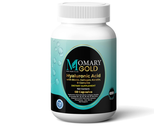 MOMARY Gold Hyaluronic Acid with Biotin, Collagen, Keratin, B-Complex (B1, B2, B3, B5, B6, B7, B9, B12), Vitamins A & D3, Folic Acid, Calcium, Phosphorus – Hair, Skin & Nail Support – 60 Capsules