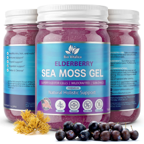 BIO VITALICA Organic Irish Sea Moss Gel 12oz - USA Made (Pack of 1, Elderberry)