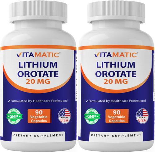 Vitamatic Lithium Orotate 20mg, 90 Capsules - Veggie Caps, Non-GMO, Gluten Free- 2 Pack