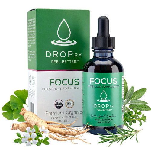 DropRX Focus Herbal Liquid Drops for Adults - Ginseng, Ginkgo Biloba, Bacopa, Rosemary & Sage - Organic Botanical Blend, Liquid Tincture Supplement for Brain Health & Memory (2 fl oz)