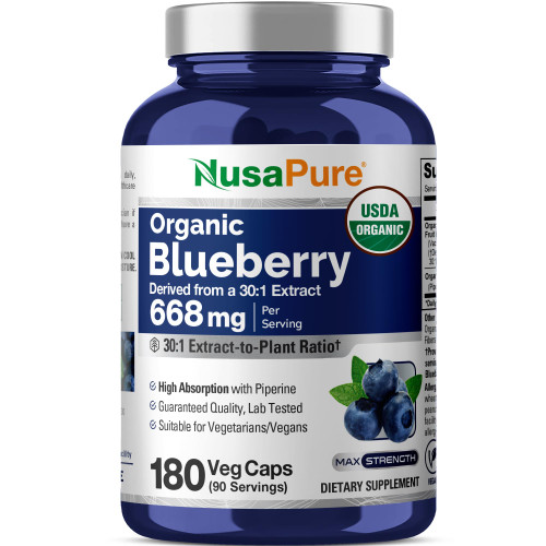Organic Blueberry, Non-GMO, Vegan, 668mg, 180 Veg Capsules - 90 Servings