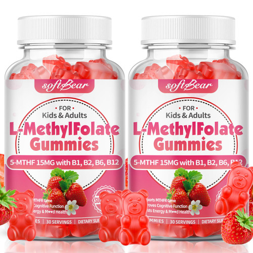 softbear L-Methylfolate Gummies 15mg for Kids & Adults, Organic Methylfolate Supplement 5-MTHF Plus Methyl B12, B1, B2, B6 Support MTHFR Gene, Cognition Function, Strawberry Flavor 120 Count