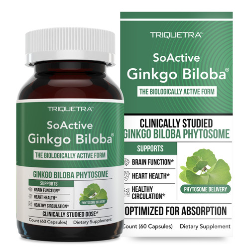 SoActive Ginkgo Biloba with GinkgoSelect® Phytosome | Clinically Studied Enhanced Absorption for Brain, Heart & Memory Support – 180 mg – Helps Maintain Circulation & Cognitive Health (60 Capsules)