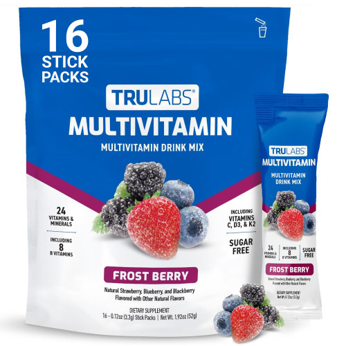 TRULABS Multivitamin Drink Mix – Frost Berry Flavor with 24 Vitamins & Minerals, 8 B Vitamins, A, C, D3, E, K2, Sugar Free with Monk Fruit, Dairy Gluten Soy Free, Vegan (16 Stick Packs)