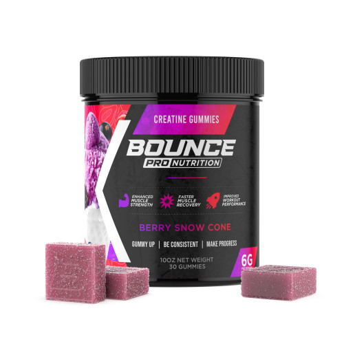 Bounce Pro Creatine Monohydrate Gummies for Men & Women, Low Calorie, 6G of Creatine per Serving, Vegan, Anti-Melting, Gluten-Free, Non-GMO, 2g of Creatine per Gummy (30ct, Berry Snow Cone)