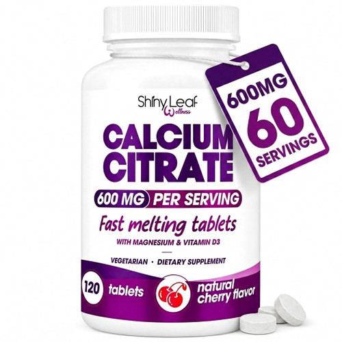 Shiny Leaf Calcium Citrate 600 mg with Magnesium & D3, Cherry, 120 Count