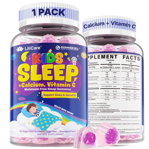 LILICARE Kids Sleep Gummies - Magnesium Glycinate for Kid, Melatonin Free Nighttime Gummies | with Vitamin C for Immune, Calcium & D3 for Growth | GummieJel Liquid-Filled Melatonin Alternative, 60ct