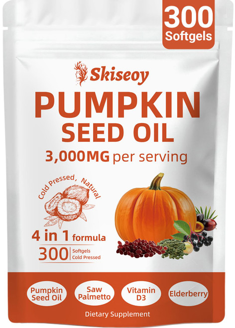 Pumpkin Seed Oil with Saw Palmetto, 300 Softgels 3000mg Cold Pressed & Pure Virgin Oil, Supports Hair, Urinary, Bladder & Prostate Health, Immune, Vegan, Non-GMO