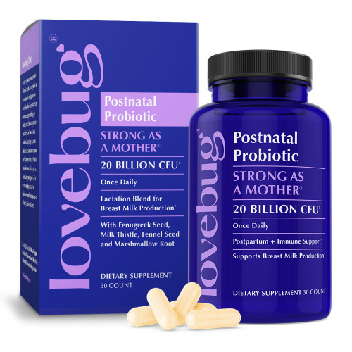 LOVEBUG Postnatal | Clinically Studied Ingredients for Breast Milk Production & Acid Reflux | Mental & Emotional Support | Glucose Support | Multi Strain 20 Billion CFU | 30 Capsules