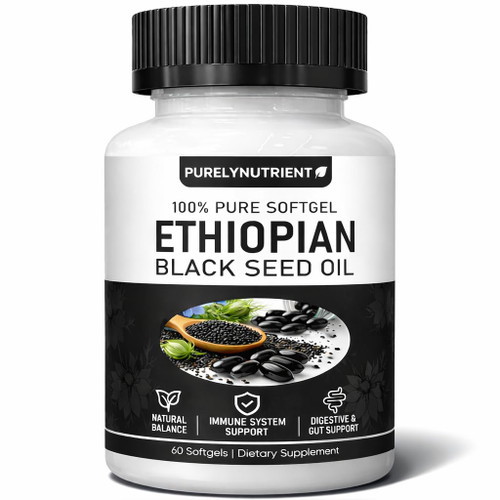 Ethiopian Black Seed Oil, Purely Nutrient Aceite De Semilla Negra Etiope Capsules with Thymoquinone, Organic Cold-Pressed, 60 Softgels