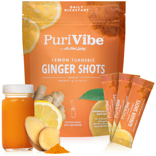PuriVibe Lemon Turmeric Ginger Shots with Cayenne, Immunity, 15 Stick Packs