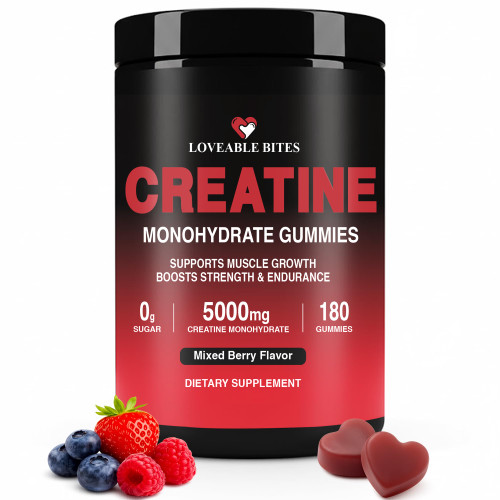 Loveable Bites Creatine Monohydrate Gummies, 5g Dose for Men & Women to Support Muscle Strength, Energy, Endurance & Recovery, Sugar-Free, Vegan, Pre-Workout Supplement, Mixed Berry Flavor, 180 Count