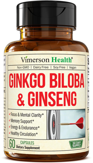 Asian Ginseng and Ginkgo Biloba Supplements – Panax Ginseng Extract 700mg + Ginko Biloba 720mg – Nootropic Brain Supplement for Memory, Focus & Sustained Energy – 60 Easy-to-Swallow Capsules