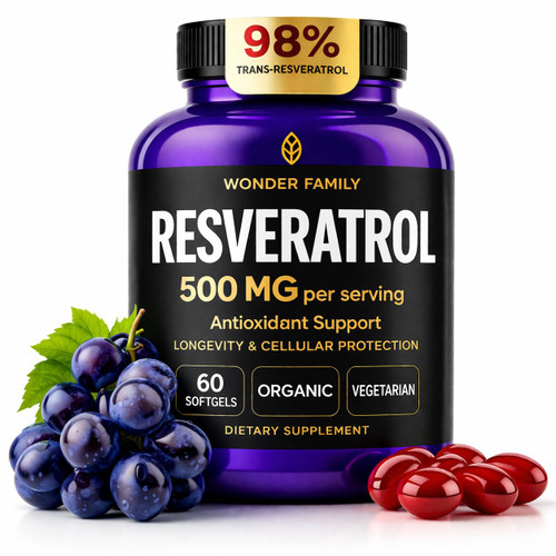 WONDER FAMILY Resveratrol Supplement 500mg, 98% Trans-Resveratrol from Japanese Knotweed, Vegan Antioxidant Capsules for Daily Wellness, Non-GMO, Gluten-Free