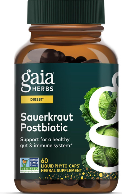 Gaia Herbs Sauerkraut Postbiotic - Gut Health & Immune Support Supplement* - Made with Fermented Sauerkraut - Free from Dairy, Soy & Gluten - 60 Vegan Liquid Phyto-Caps (30 Servings)
