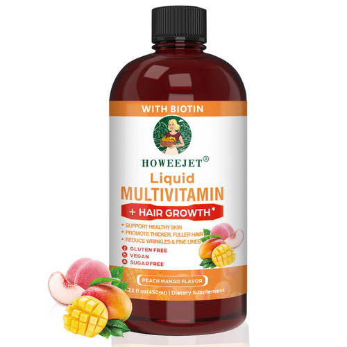 Liquid Biotin 10,000mcg Multivitamin for Women & Men 18+, Hair Skin and Nails Supplement with B-Complex, Promotes Thicker Hair & Skin Elasticity,Liquid Hair Growth Vitamins,15.22 Fl Oz (1 bottle)