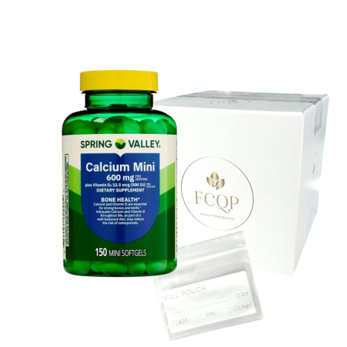 FCQP Spring Valley Calcium Mini 600mg Plus Vitamin D3, Dietary Supplement, 150 Mini Softgels Included is a Pill Pouch Sticker