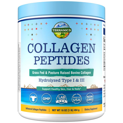 Terranics Hydrolyzed Collagen Peptides Powder, Grass Fed & Pasture Raised Bovine, Type I & III Collagen for Women, No Sugar, No Hormones, Keto, Beauty Support, Easy Mixing, Unflavored, 16oz