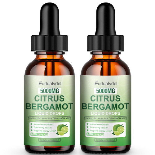 2 Packs 5000mg Citrus Bergamot Liquid Drops,Reduce Triglycerides Bergamot Supplement for High Cholesterol, Immune Support for Anti Aging,Antioxidant,Lime Bitter,Natural Olive Leaf Extract,4 Fl Oz