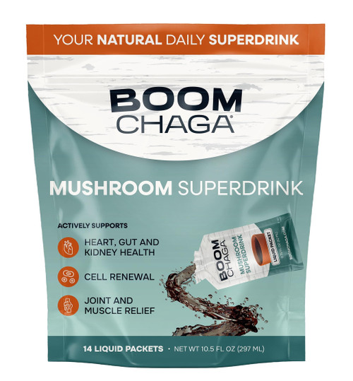 BOOM Chaga Mushroom Superdrink | Chaga Extract Liquid Concentrate | Immune Support, Antioxidants, Beta-Glucans, Bioavailable Organic Supplement, Oxalate-Free Mushroom Drink, 14 Single-Serving Packets